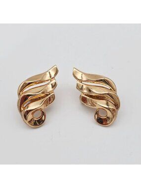 Crown Trifari Gold-Tone Clip-On Earrings Wavy Leaf Design Vintage Jewelry